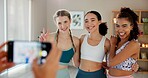 Photo, happy and women in yoga with smile for social media, online post and profile picture together. Friends, pilates and people in class for exercise, training and workout for wellness and health