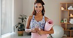 Woman, break and smile with yoga mat in home as exercise and workout for health in France. Female person, gym and happy on portrait with confidence in sportswear for self care, wellbeing and fitness