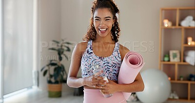 Buy stock photo Woman, break and smile with yoga mat in home as exercise and workout for health in France. Female person, gym and happy on portrait with confidence in sportswear for self care, wellbeing and fitness