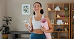 Home, woman portrait and water with mat after yoga, practice and mindfulness session for wellness. Fitness, female person and yogi with smile with beverage bottle, detox or hydration with mineral H2O