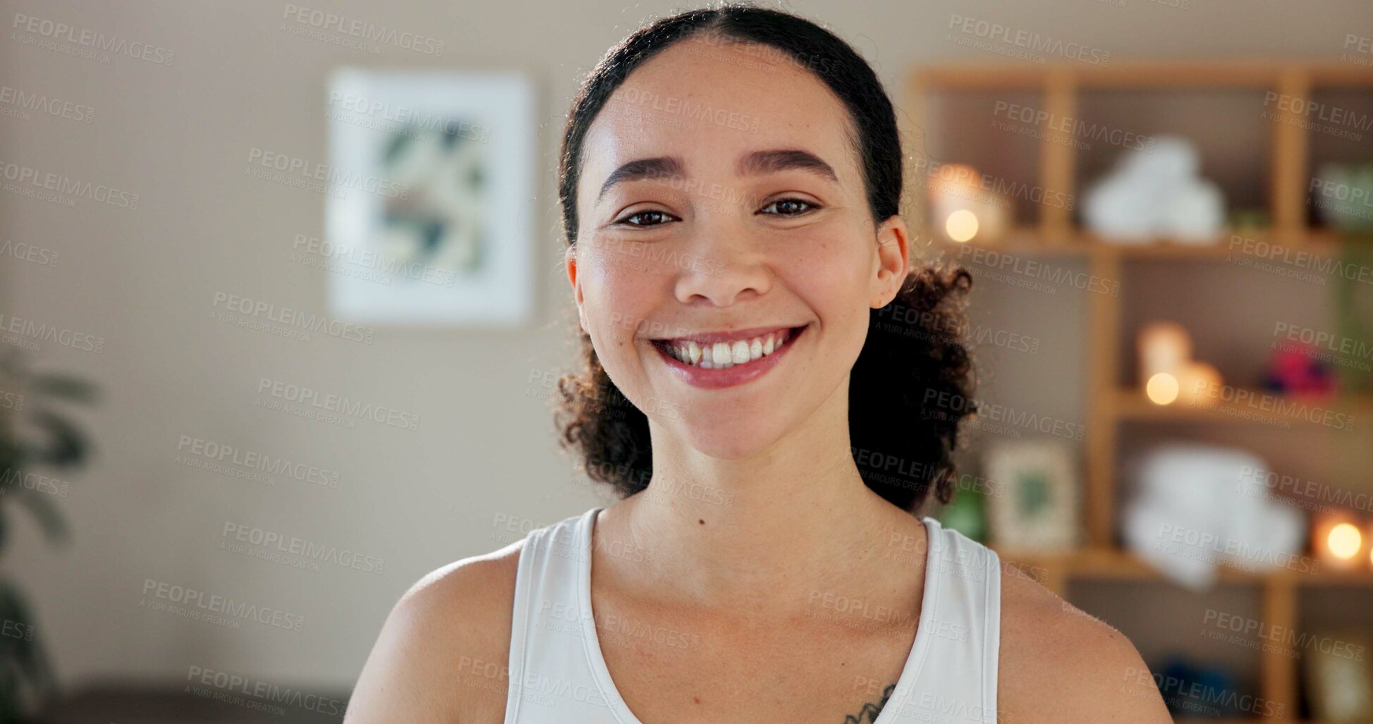 Buy stock photo Woman, happy and portrait in home for fitness, wellness and break in yoga session. Girl, smile and peace in living room for positive mental health, holistic healing and calm in pilates in Puerto Rico