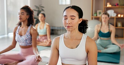 Buy stock photo Meditation, pilates and class with women in studio for health, zen and wellness. Yoga balance, mindfulness and spiritual healing aura with people and holistic practice for relax, awareness or energy