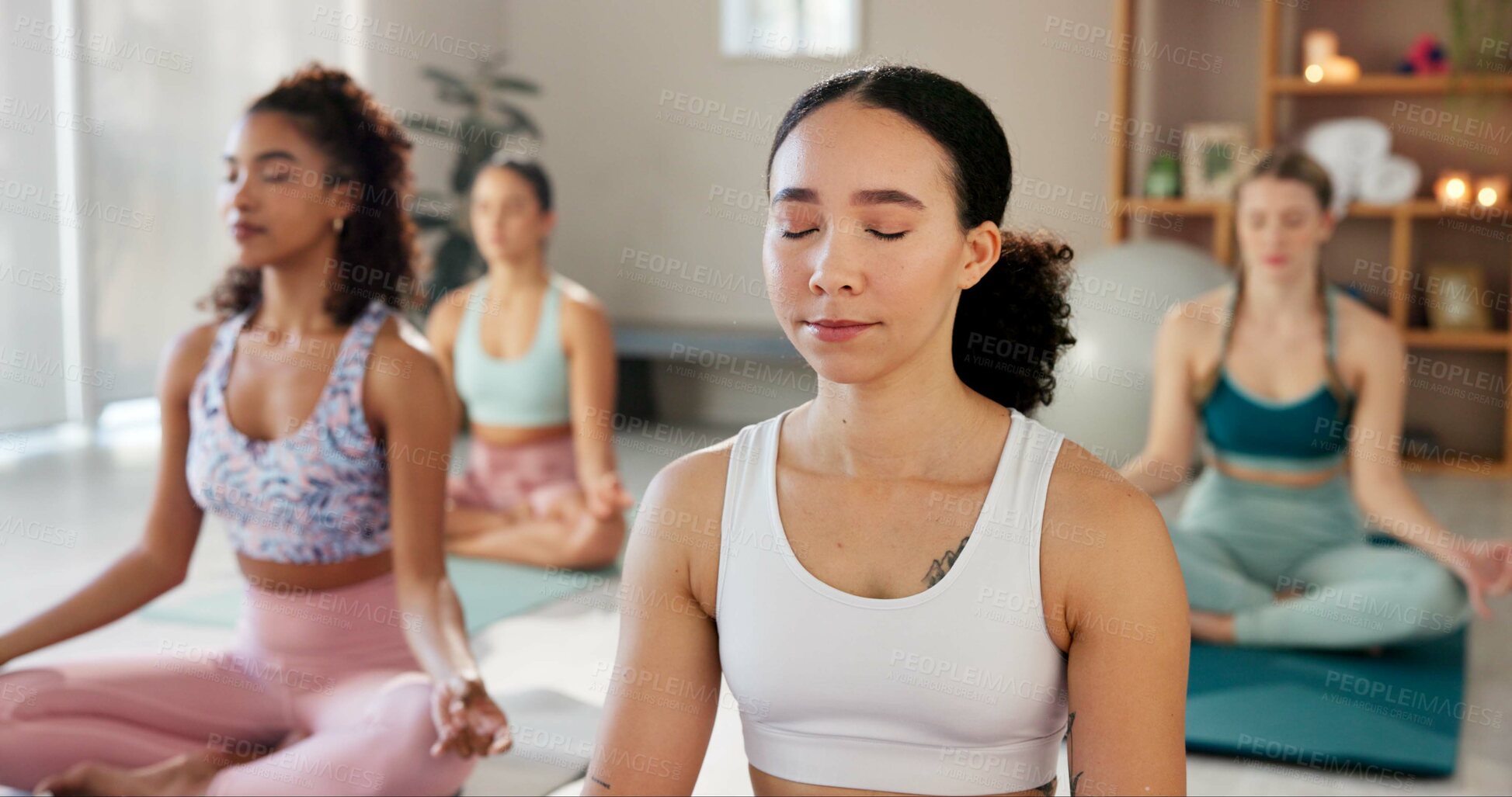 Buy stock photo Meditation, pilates and class with women in studio for health, zen and wellness. Yoga balance, mindfulness and spiritual healing aura with people and holistic practice for relax, awareness or energy