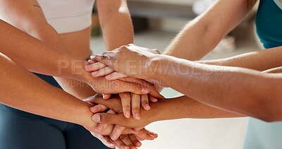 Buy stock photo Yoga class, people and stack with hands for support, solidarity and motivation after mindfulness session. Teamwork, friends and fitness with huddle for mental health, wellness and inner peace success