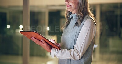 Buy stock photo Business, night and woman with tablet, hands and internet with company website, network and app. Person, evening or consultant with technology, research for project or connection with email or typing