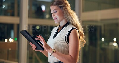 Buy stock photo Business, night and woman with tablet, typing and internet with company website, network and app. Person, evening and consultant with technology, research for project and connection with email