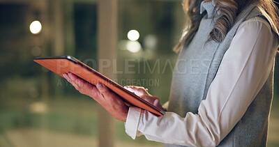 Buy stock photo Employee, night and woman with tablet, hands and internet with company website, network and app. Closeup, evening and consultant with tech, research for project and connection with email or person