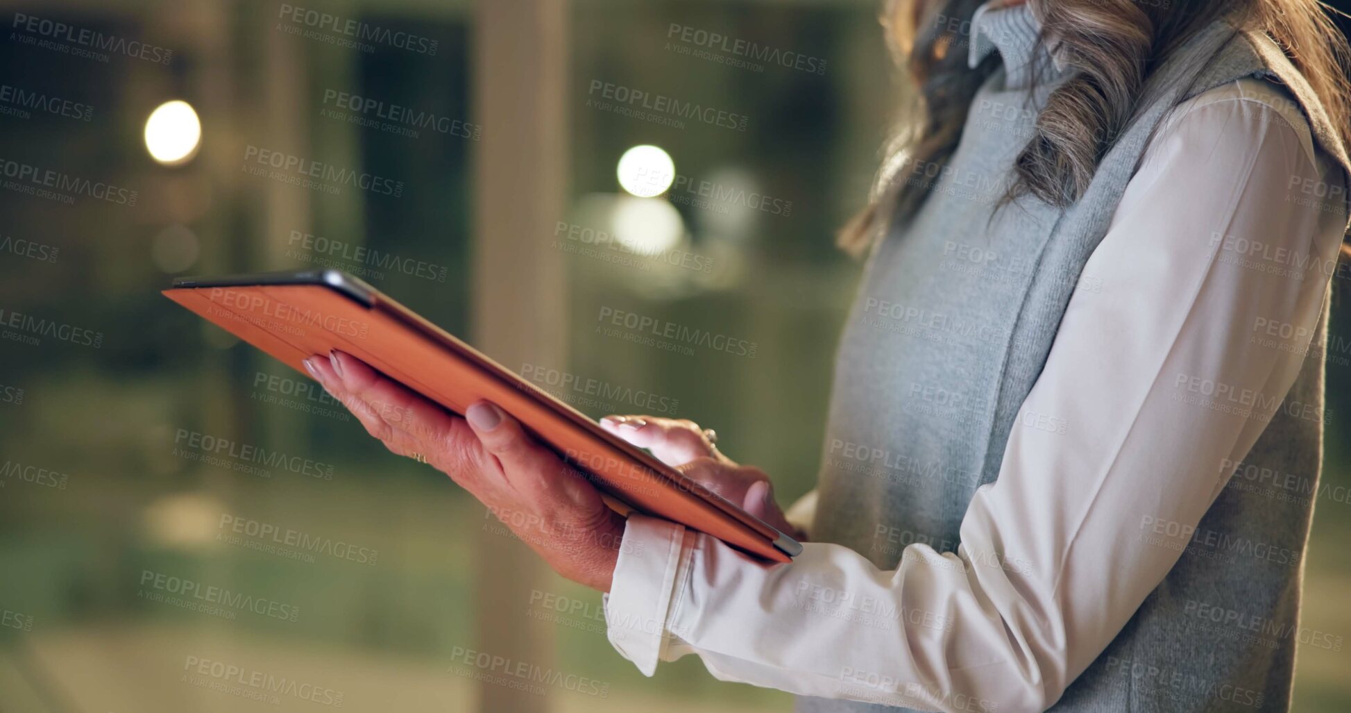 Buy stock photo Employee, night and woman with tablet, hands and internet with company website, network and app. Closeup, evening and consultant with tech, research for project and connection with email or person