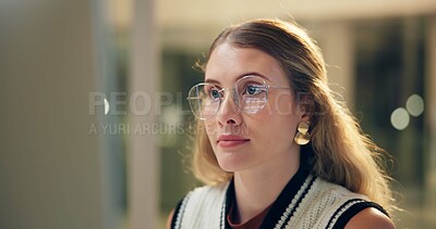 Buy stock photo Night, woman and glasses in office for business, coding and problem solving for deadline. Programmer, late and reading on computer for information, company web development and engineering in overtime