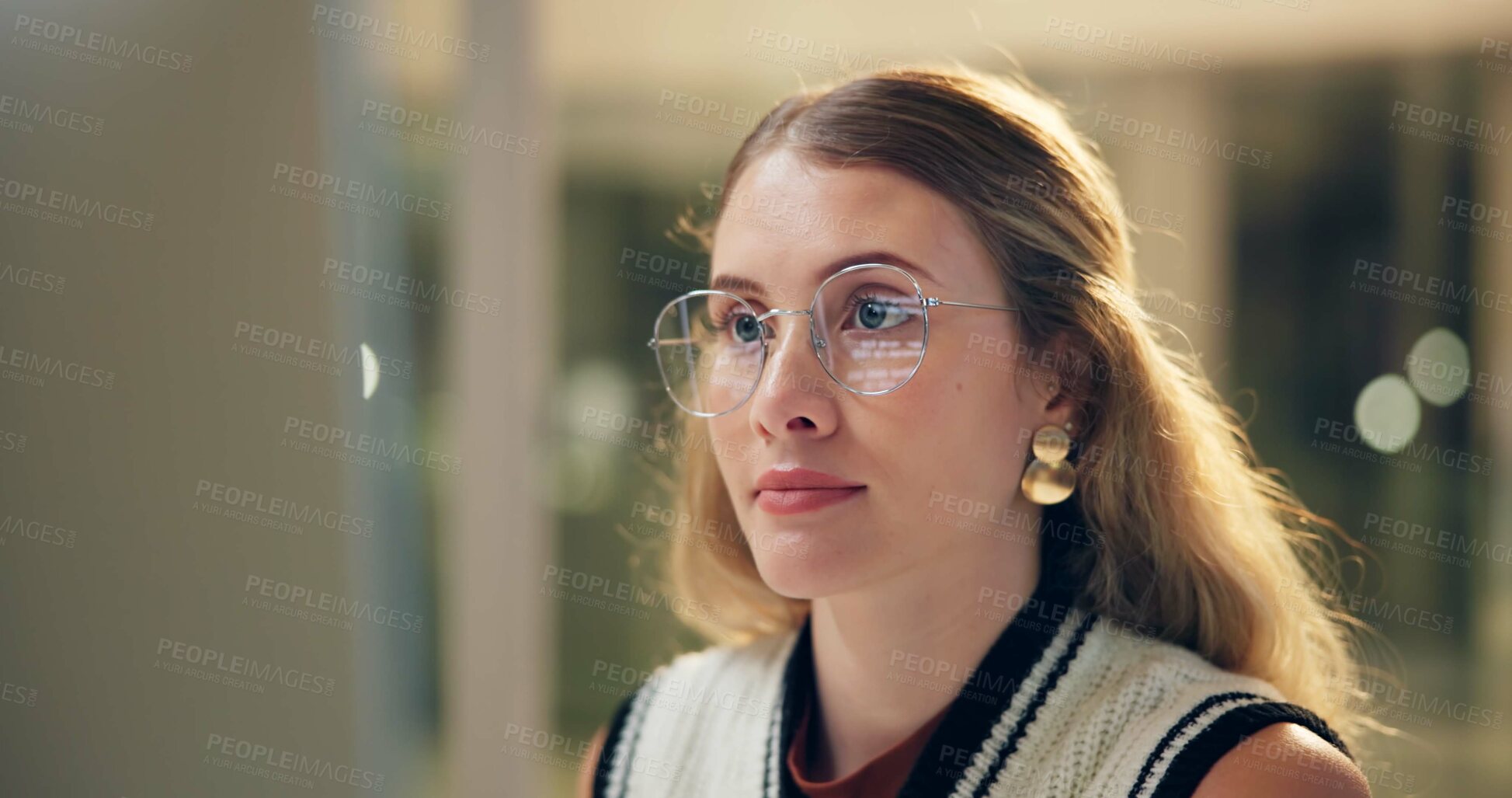 Buy stock photo Night, woman and glasses in office for business, coding and problem solving for deadline. Programmer, late and reading on computer for information, company web development and engineering in overtime