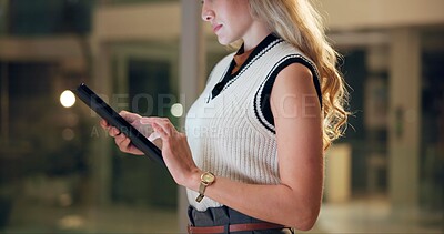 Buy stock photo Business woman, hands and tablet for reading article, research or check email for publication update. Technology, creative startup or person on app for editing, review manuscript or deadline at night