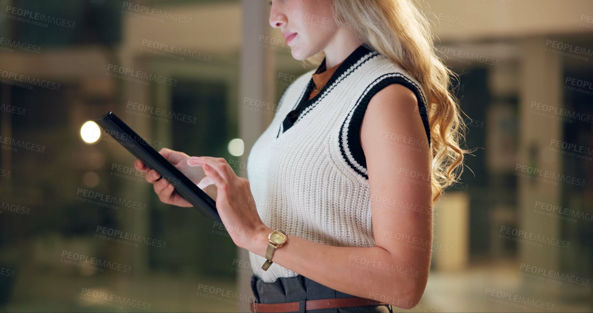 Buy stock photo Business woman, hands and tablet for reading article, research or check email for publication update. Technology, creative startup or person on app for editing, review manuscript or deadline at night