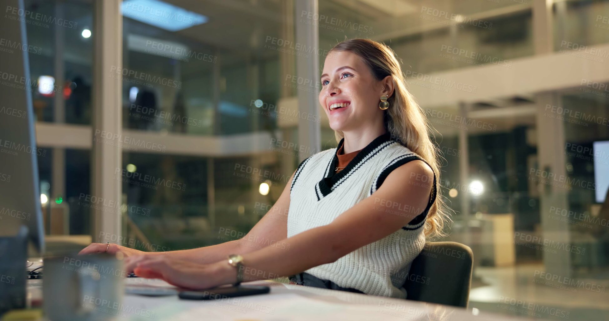 Buy stock photo Business, woman and typing on computer in office at night with online trading and reading NFT finance portfolio. Professional, trader and happy on pc with stock market trends or cryptocurrency profit