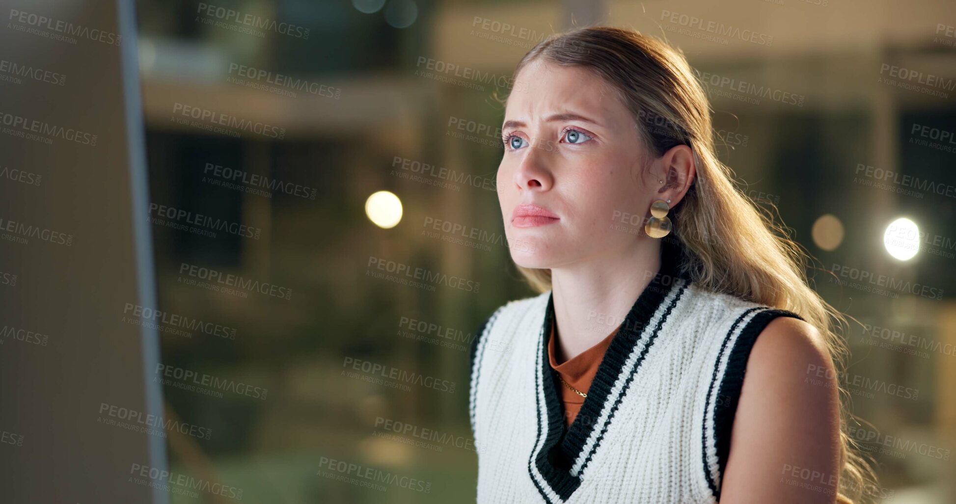 Buy stock photo Computer, problem solving and thinking with business woman in office at night for research. Idea, planning and reading with confused employee in professional workplace for cryptocurrency trading