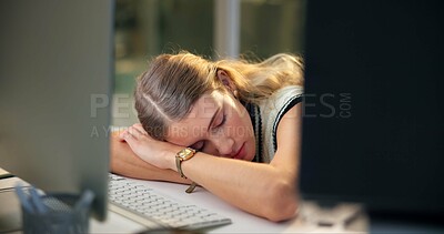 Buy stock photo Tired woman, employee and night with computer for rest, break or overworked at office. Female person, young worker or asleep with desk in fatigue, burnout or stress from working late at workplace