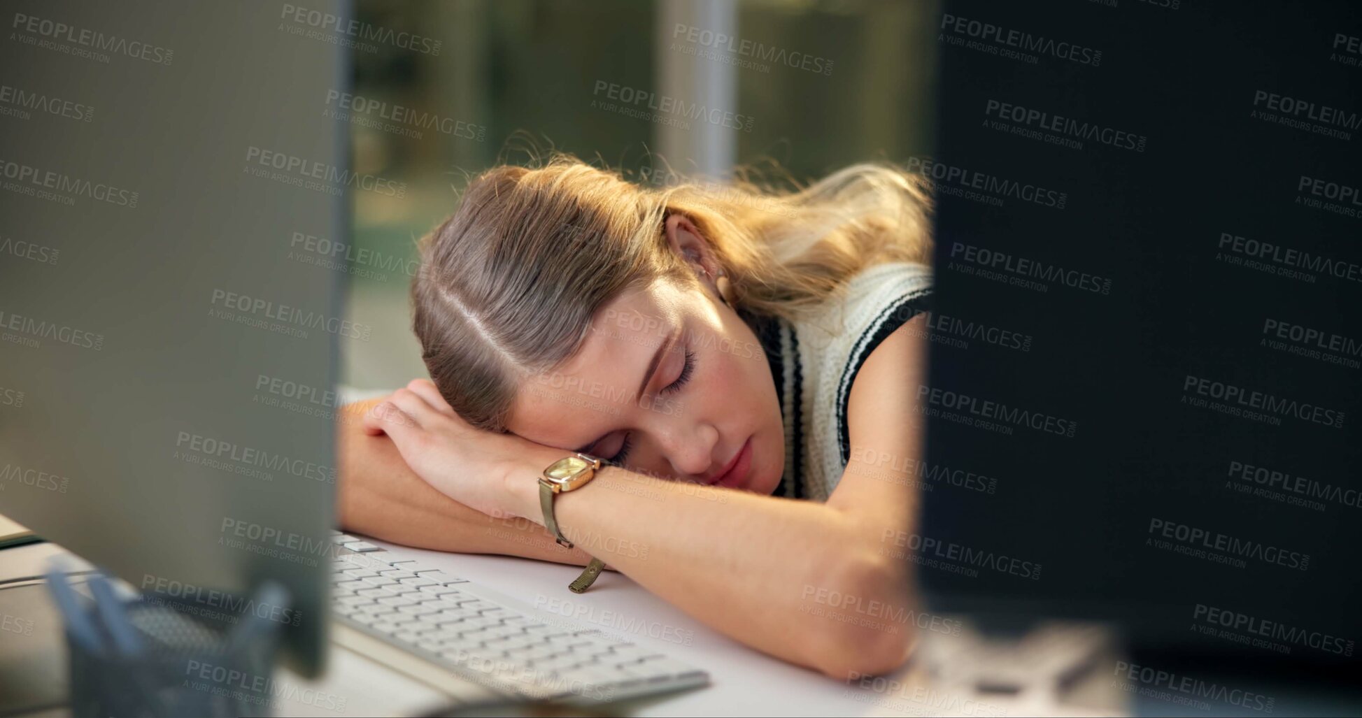 Buy stock photo Tired woman, employee and night with computer for rest, break or overworked at office. Female person, young worker or asleep with desk in fatigue, burnout or stress from working late at workplace