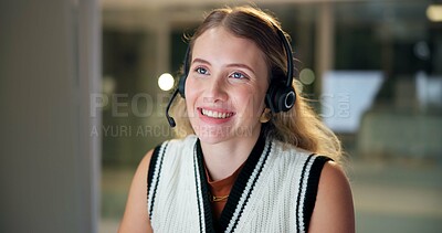 Buy stock photo Call center, computer and smile of consultant woman in office at night for customer service or support. Business, contact us and help with happy employee in agency workplace for telemarketing