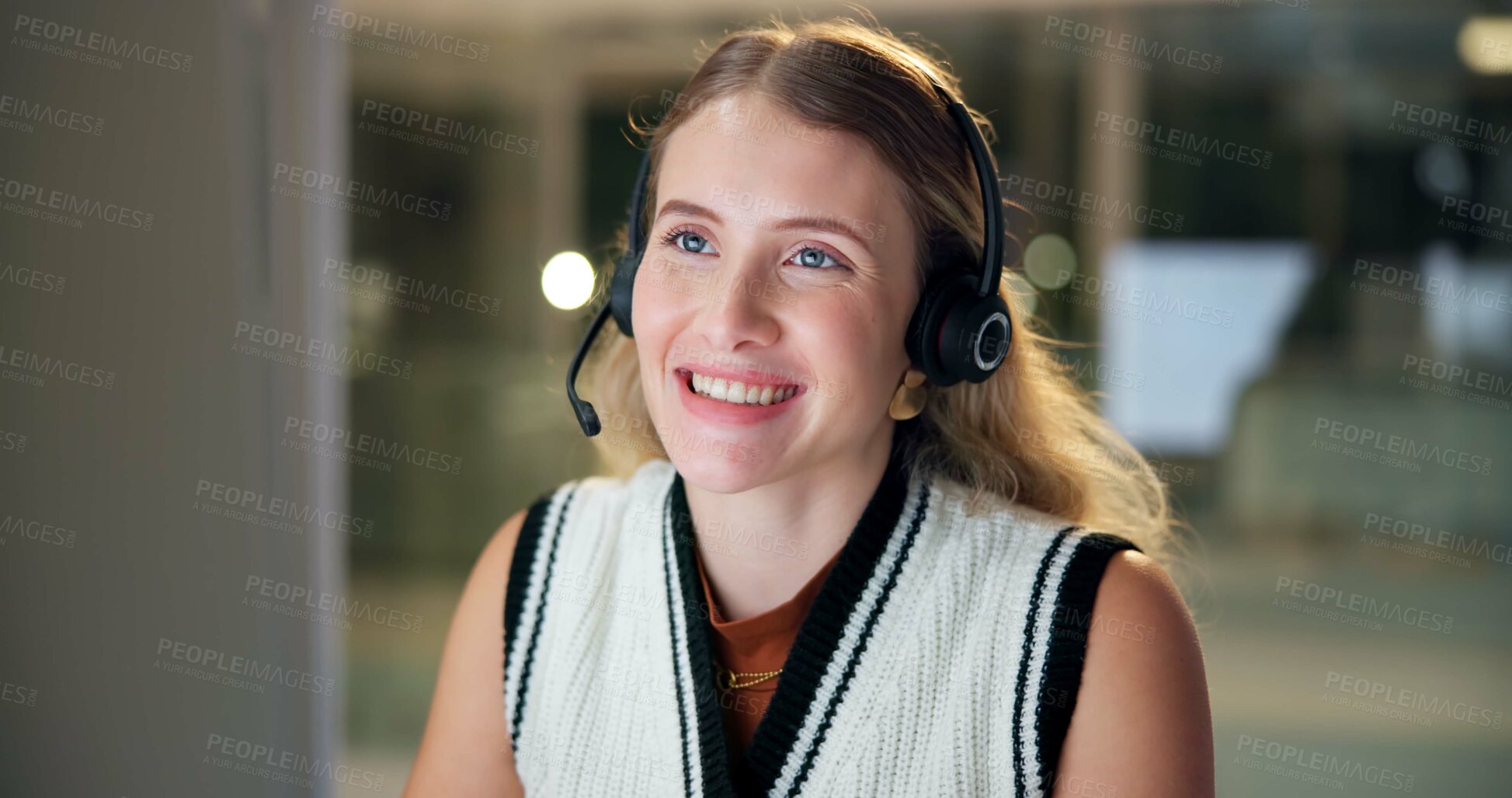 Buy stock photo Call center, computer and smile of consultant woman in office at night for customer service or support. Business, contact us and help with happy employee in agency workplace for telemarketing