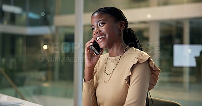 Buy stock photo Happy, black woman and phone call in office for business deal, negotiation or news at night. Communication technology, creative editor or talk to contact for ebook publication or deadline at startup