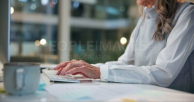 Buy stock photo Hands, computer and business woman typing email, news report and article on deadline at night. Keyboard, closeup and journalist on desk for writing review, feedback and creative research at startup