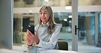 Mature woman, office and checking phone for online chat, business communication or contact at night. Overtime, smartphone and senior businesswoman reading email, review or message at digital agency