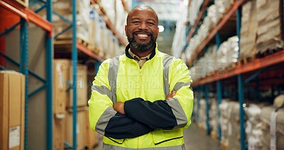 Buy stock photo Portrait, black man and confident at warehouse for distribution, logistics industry and package inventory. Male person, arms crossed and inspection for supply chain, freight and safety of production