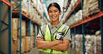 Portrait, woman and confident at warehouse for distribution, logistics industry and package inventory. Female person, arms crossed and inspection for supply chain, freight and transport of production