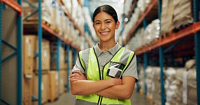 Buy stock photo Portrait, woman and confident at warehouse for distribution, logistics industry and package inventory. Female person, arms crossed and inspection for supply chain, freight and transport of production