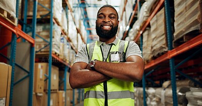 Buy stock photo Black man, arms crossed and happy in warehouse on portrait for manufacturing as manager in Uganda. Male person, employee and smile with confidence at wholesale for package, supply chain and delivery