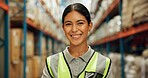 Portrait, happy and woman at warehouse for distribution, logistics industry and package inventory. Female person, pride and cargo inspection with supply chain, freight or transport of production site