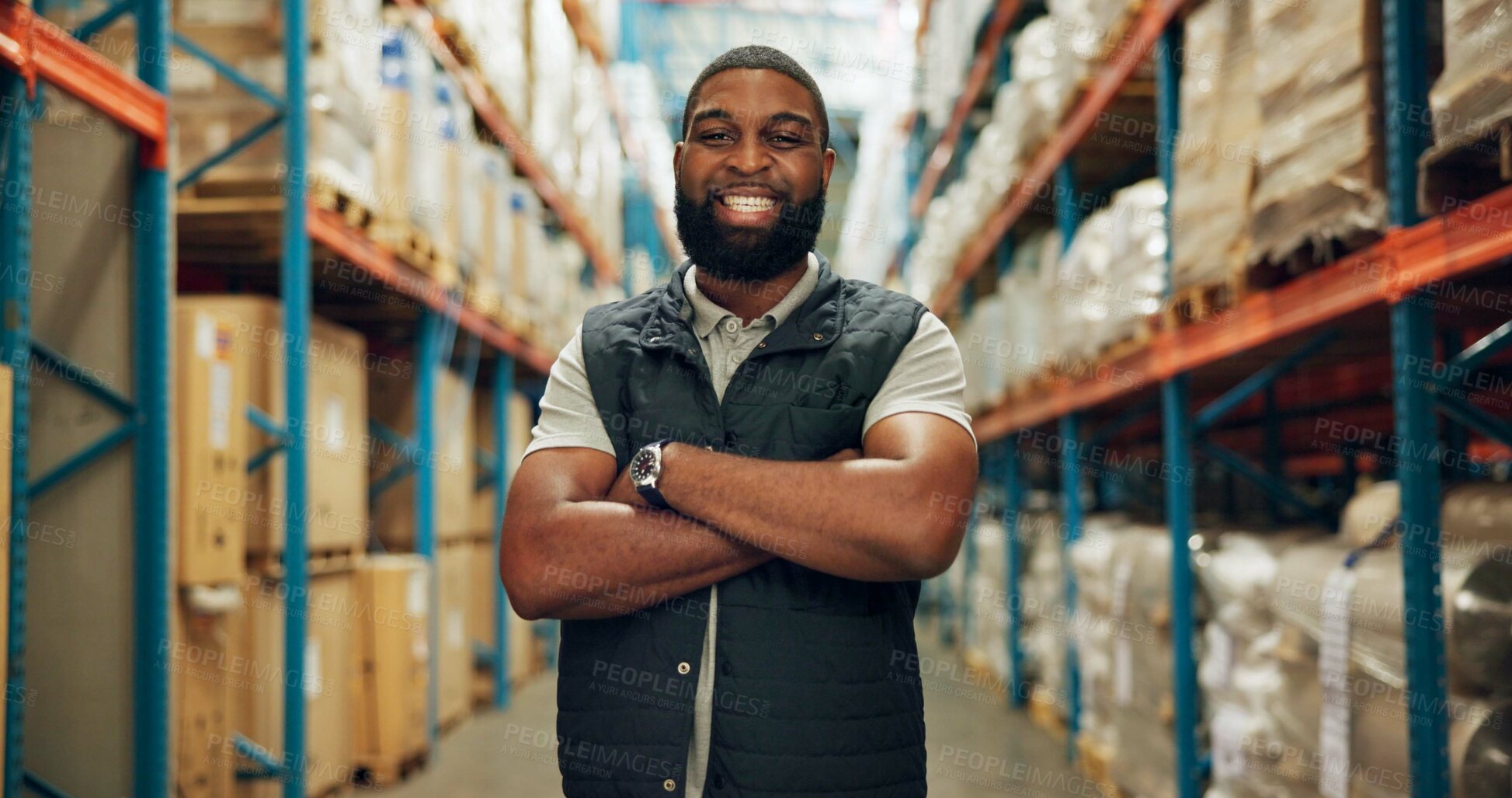 Buy stock photo Portrait, confident and black man at warehouse for distribution, logistics industry and package inventory. Worker, arms crossed and inspection for supply chain, freight and transport of production