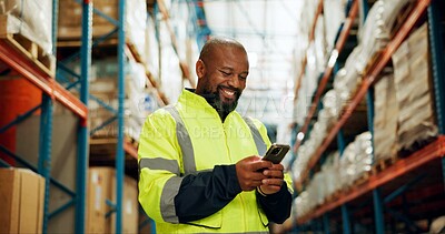 Buy stock photo Phone, worker and black man in warehouse for logistics, distribution or stock inspection on shipping app. Mobile, factory or happy engineer check inventory for export, supply chain or quality control