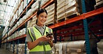 Phone, engineer and woman in warehouse for shipping, distribution or stock inspection on app. Mobile, logistics and happy factory worker check inventory for export, supply chain and quality control