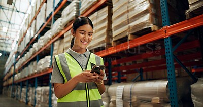 Buy stock photo Phone, engineer and woman in warehouse for shipping, distribution or stock inspection on app. Mobile, logistics and happy factory worker check inventory for export, supply chain and quality control