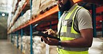 Hands, black man and tablet at warehouse for distribution service, logistics checklist and package inventory. Worker, digital and inspection for order production, freight and quality control of cargo