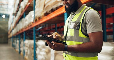 Buy stock photo Hands, black man and tablet at warehouse for distribution service, logistics checklist and package inventory. Worker, digital and inspection for order production, freight and quality control of cargo