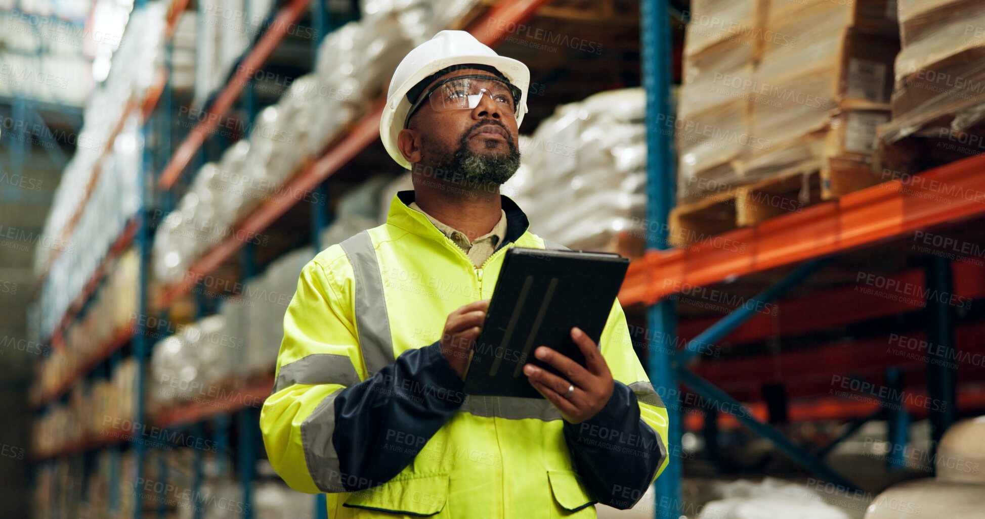 Buy stock photo Black man, logistics and tablet at warehouse for distribution industry, stock checklist and package inventory. Worker, thinking and digital with inspection for shipping order, supply chain and safety