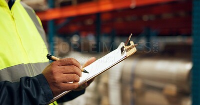 Buy stock photo Clipboard, hands and inventory with person in warehouse for inspection, stock or quality control. Logistics, storage or supply chain with employee in plant for export and import distribution closeup