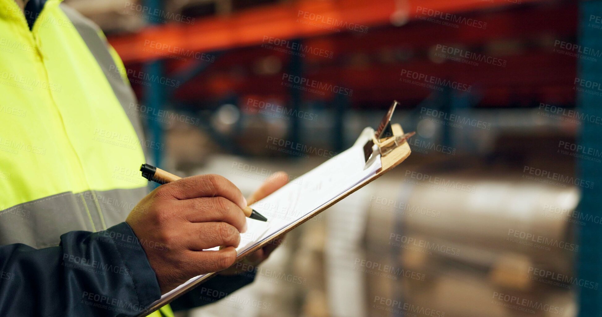 Buy stock photo Clipboard, hands and inventory with person in warehouse for inspection, stock or quality control. Logistics, storage or supply chain with employee in plant for export and import distribution closeup