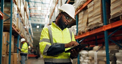 Buy stock photo Warehouse, black man and tablet in inspection on logistic, quality control or stock management.  Engineer, tech and supervisor in maintenance for freight, supply chain and factory in shipping company