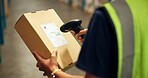 Employee, hands and box with scanner at warehouse for product, stocktaking and distribution. Manufacturing, person  and barcode for delivery or package for supplier, supply chain and logistics