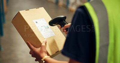 Buy stock photo Employee, hands and box with scanner at warehouse for product, stocktaking and distribution. Manufacturing, person  and barcode for delivery or package for supplier, supply chain and logistics