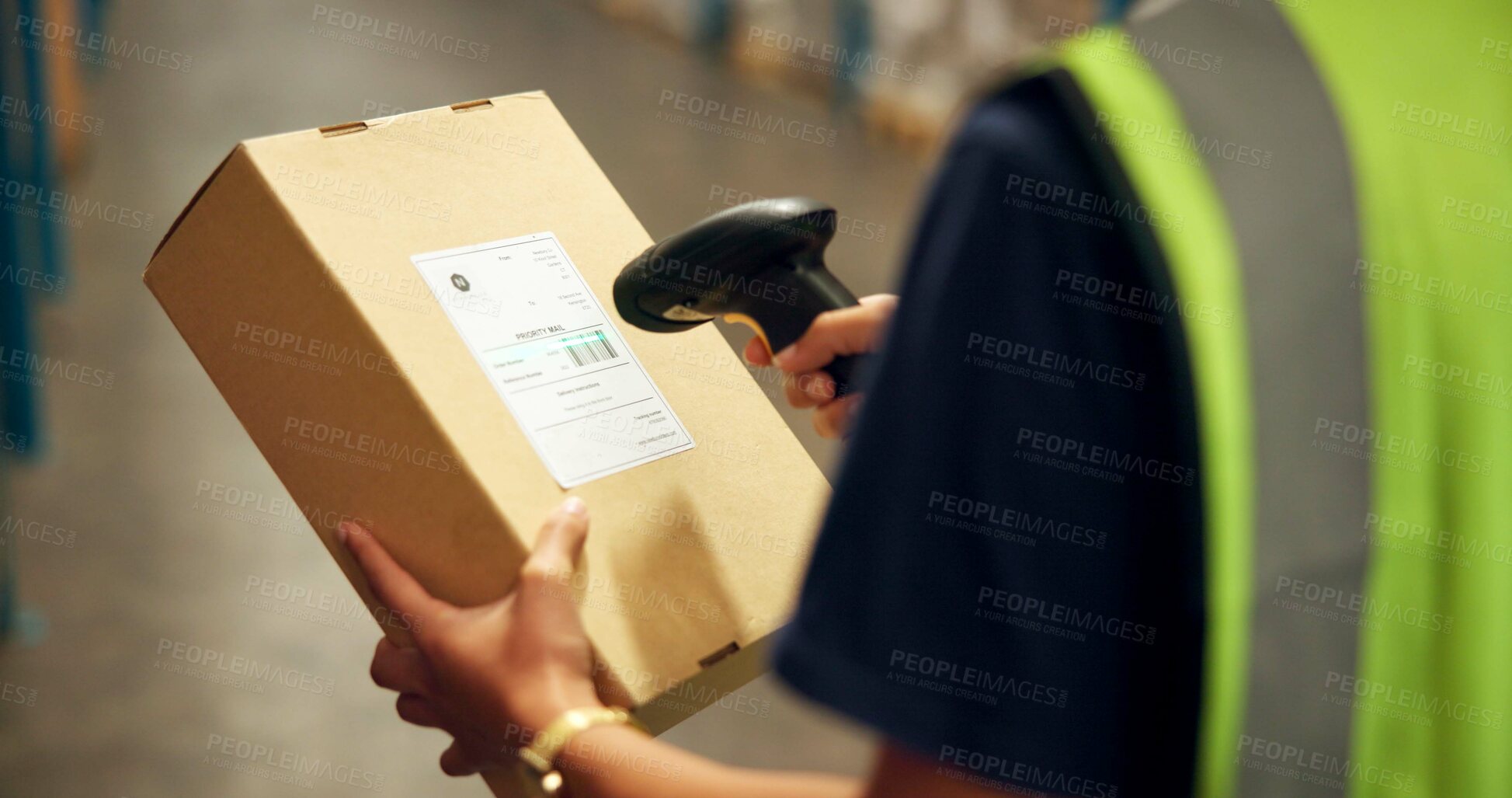 Buy stock photo Employee, hands and box with scanner at warehouse for product, stocktaking and distribution. Manufacturing, person  and barcode for delivery or package for supplier, supply chain and logistics