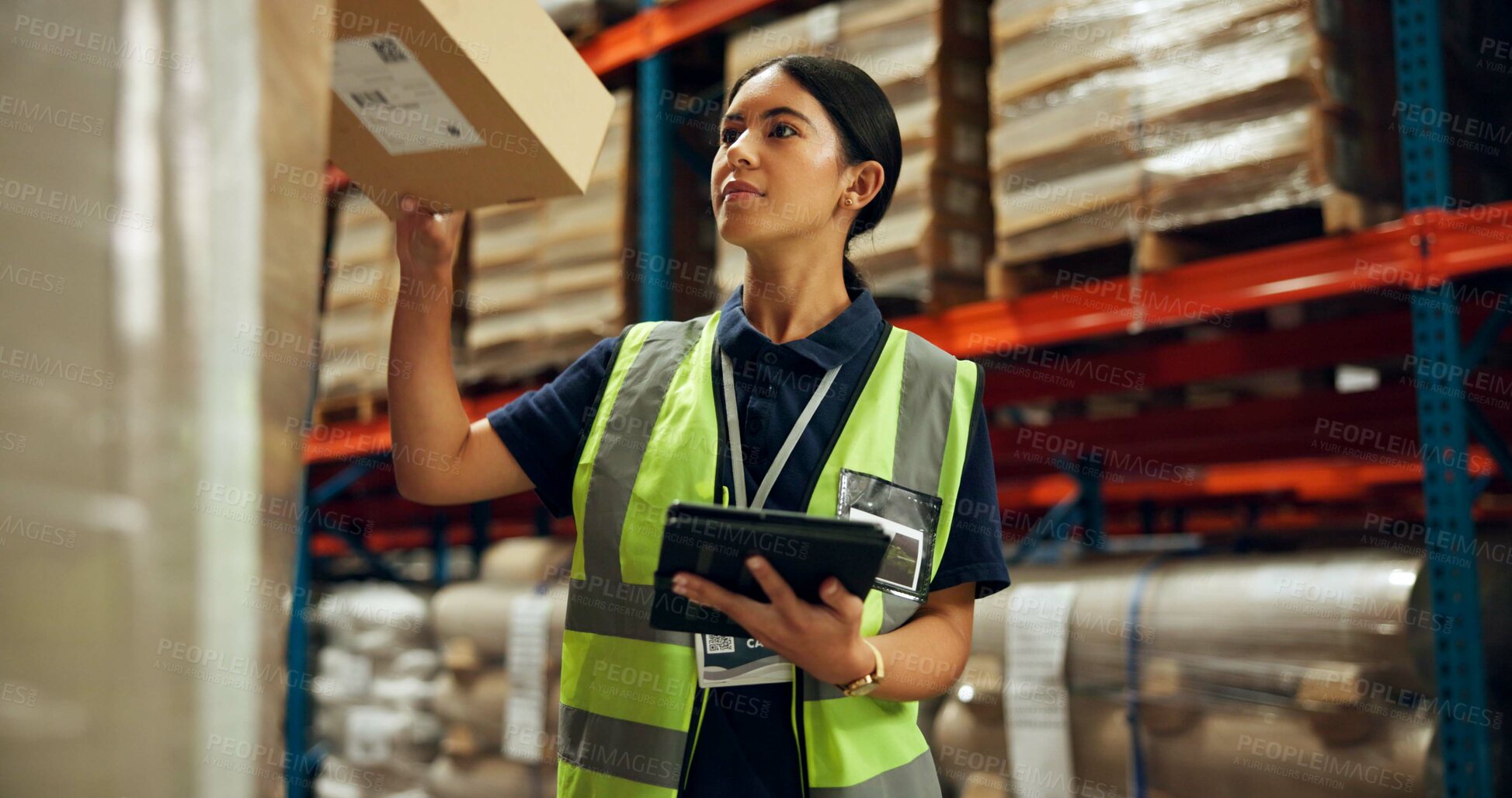 Buy stock photo Warehouse, woman and tablet for stock management, logistic or quality control in inspection. Female person, tech and maintenance in freight, supply chain or factory for shipping company as supervisor