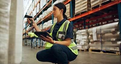 Buy stock photo Tablet, woman and scanner at warehouse for inventory, check stock or smart storage system at shelf. Technology, engineer and barcode reader for cargo inspection, logistics app or shipping at factory