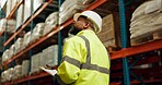 Black man, manager and clipboard at warehouse with counting stock for checklist, stocktake and delivery. Male person, employee and manufacturing for supplier in supply chain, logistics and wholesale