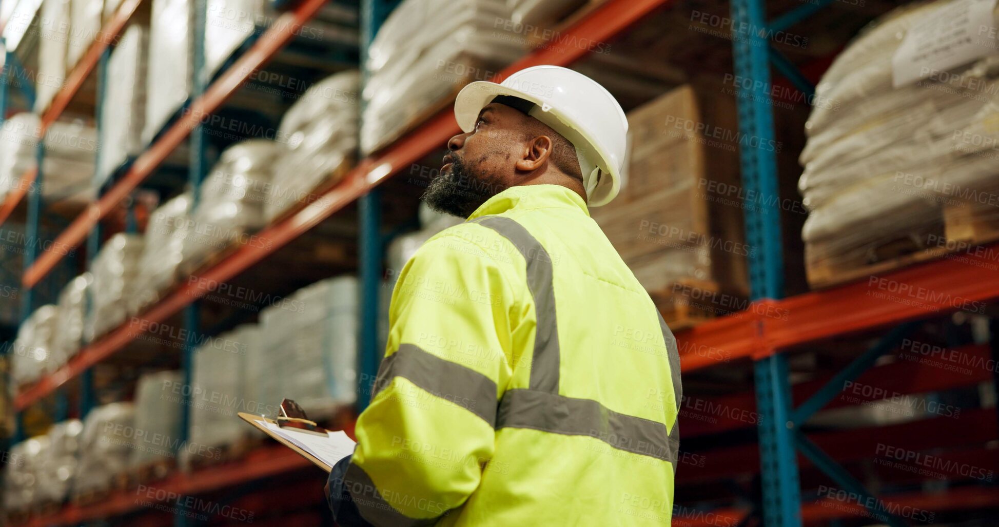 Buy stock photo Black man, manager and clipboard at warehouse with counting stock for checklist, stocktake and delivery. Male person, employee and manufacturing for supplier in supply chain, logistics and wholesale