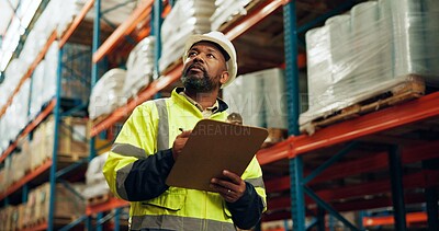 Buy stock photo Warehouse, black man and tablet for stock management on logistic, quality control or inspection. Employee, tech and supervisor in maintenance for freight, supply chain and factory in shipping company