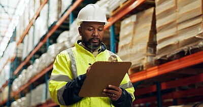 Buy stock photo Black man, supervisor and clipboard at warehouse with counting or checklist, stocktake and delivery. Male person, employee and manufacturing for supplier in supply chain, logistics and wholesale