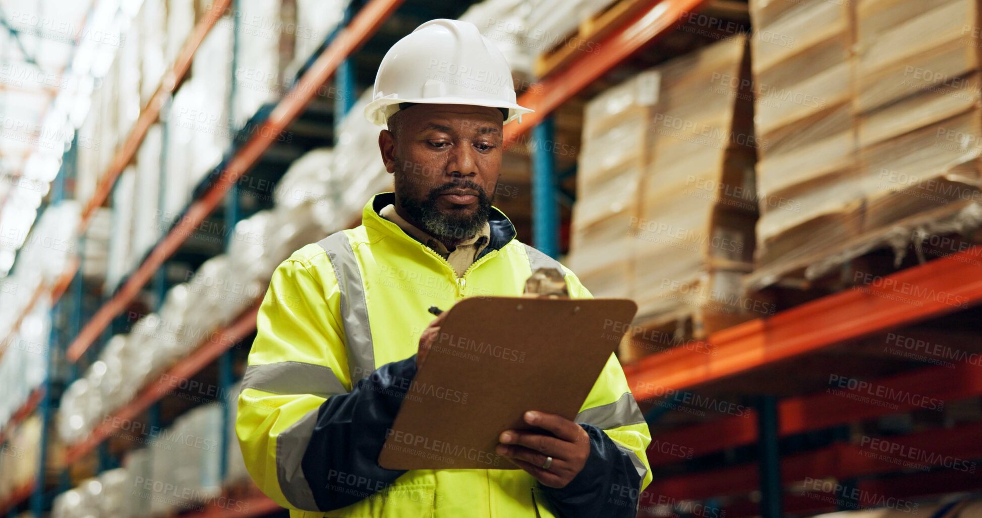 Buy stock photo Black man, supervisor and clipboard at warehouse with counting or checklist, stocktake and delivery. Male person, employee and manufacturing for supplier in supply chain, logistics and wholesale